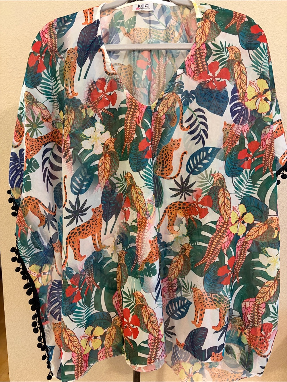 Lulla Collection Sheer Tropical Leopard Jungle Print Coverup PomPoms One Size
